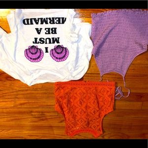 Three CUTE small crop tops. I wish I was a mermaid. Full Tilt purple crop halter